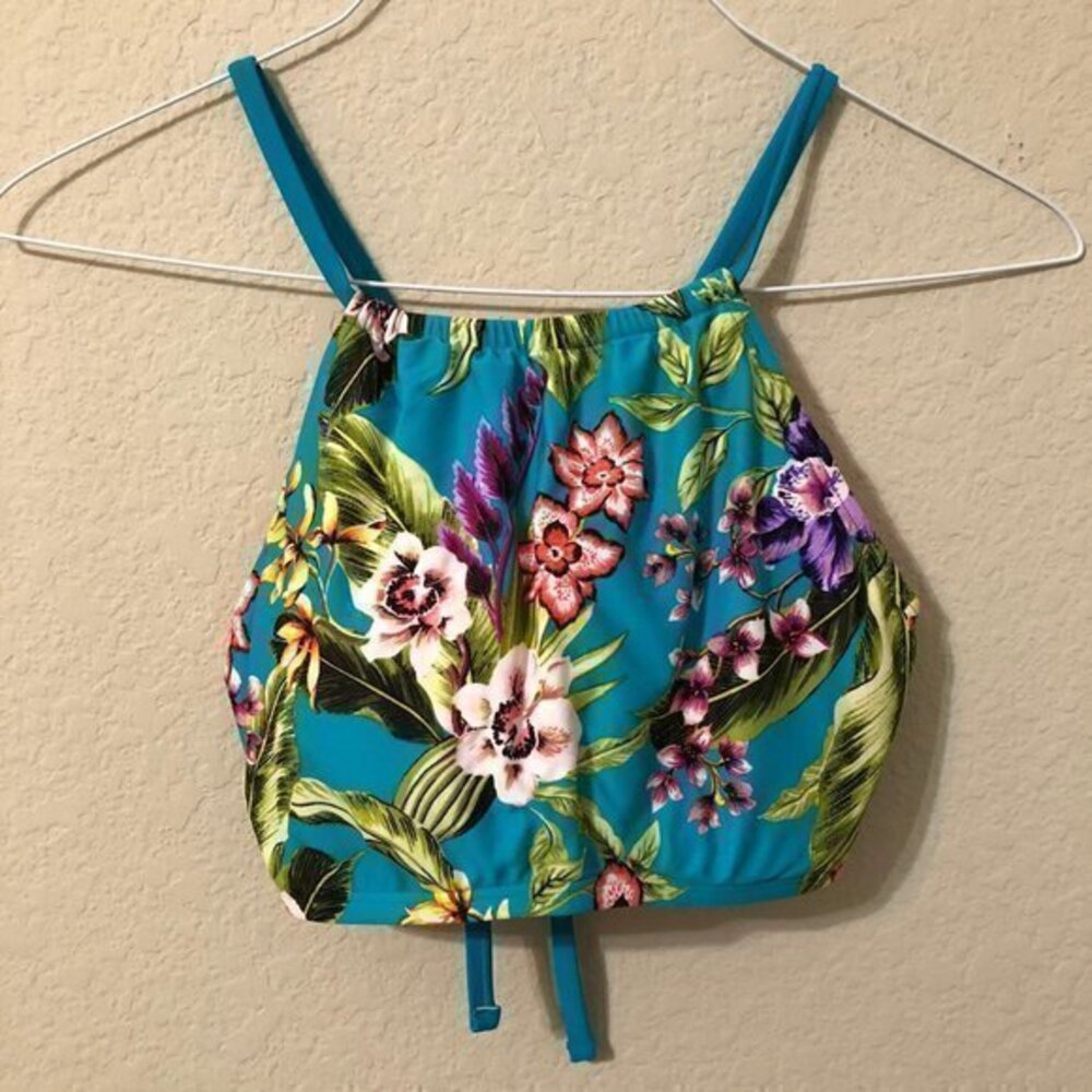 Coastal Blue Bikini Top Tropical Floral Print Halter Tie Back Swimsuit Swim